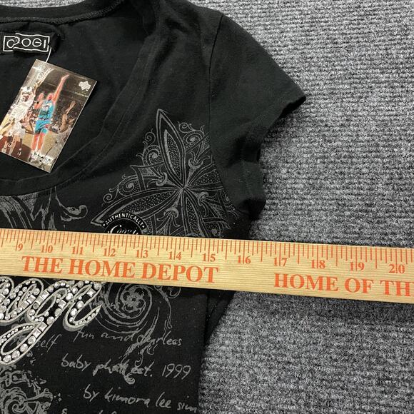 Coogi Shirt Womens Large Black V Neck Graphic Foil Script Butterfly Embellished - Picture 4 of 5